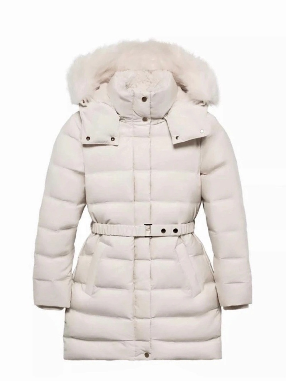 Zara Belted Puffer Coat With Faux Fur Hood White Medium